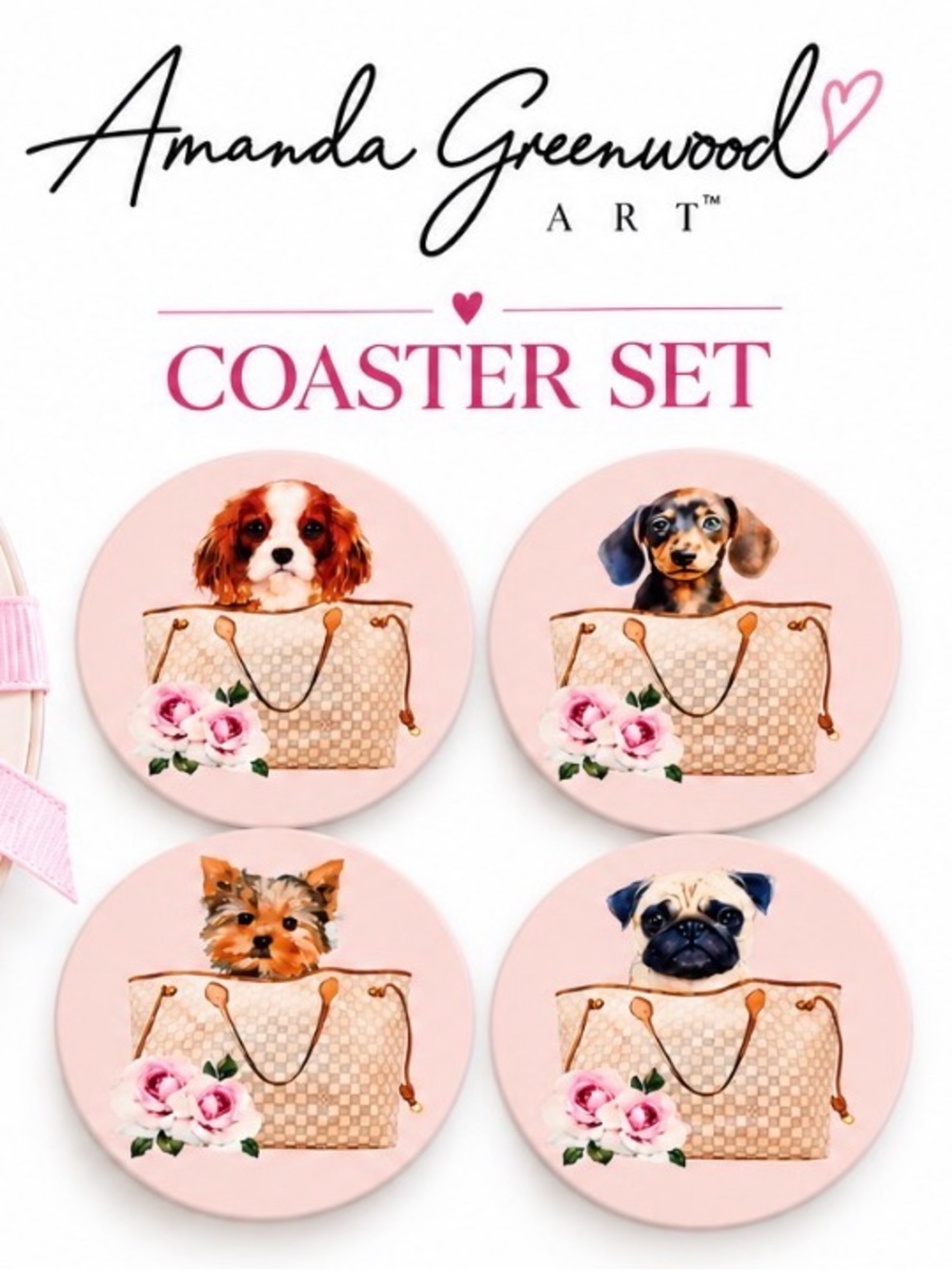 Amanda Greenwood Dog Coasters Art Handbag 4 piece set NWT